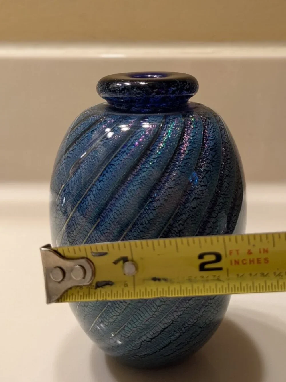 Robert Eickholt Blue Swirled Dichroic Bottle Bud Vase Signed 1989 4.5